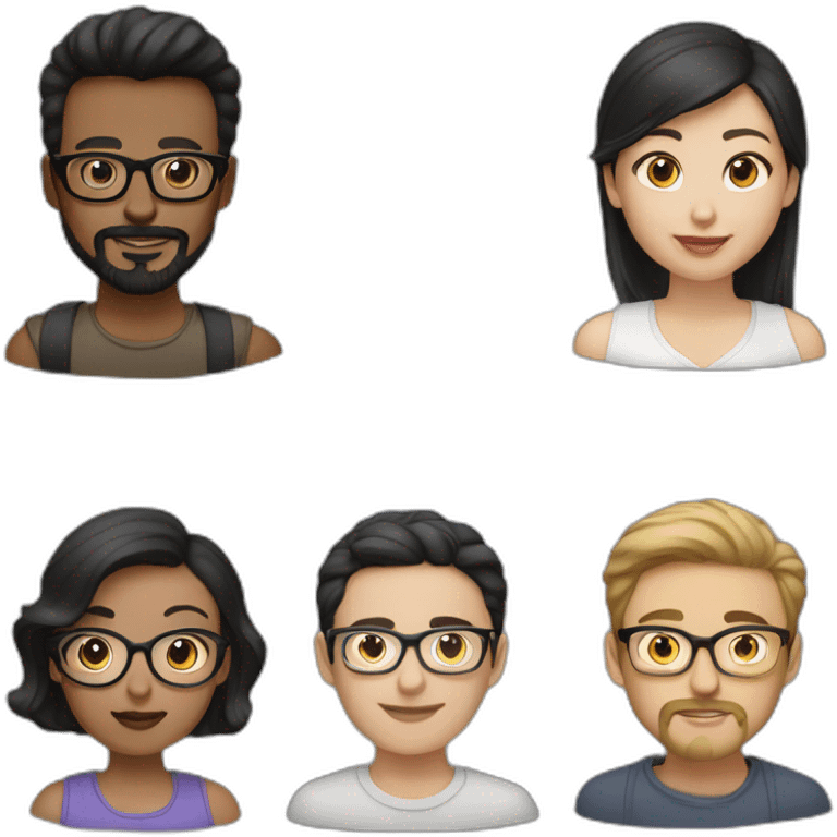 group picture with guy 1 uses glasses, no beard, and black hair. guy 2 has a goatee, white skin color, and brown hair. girl has lipstick, black hair, small nose. emoji