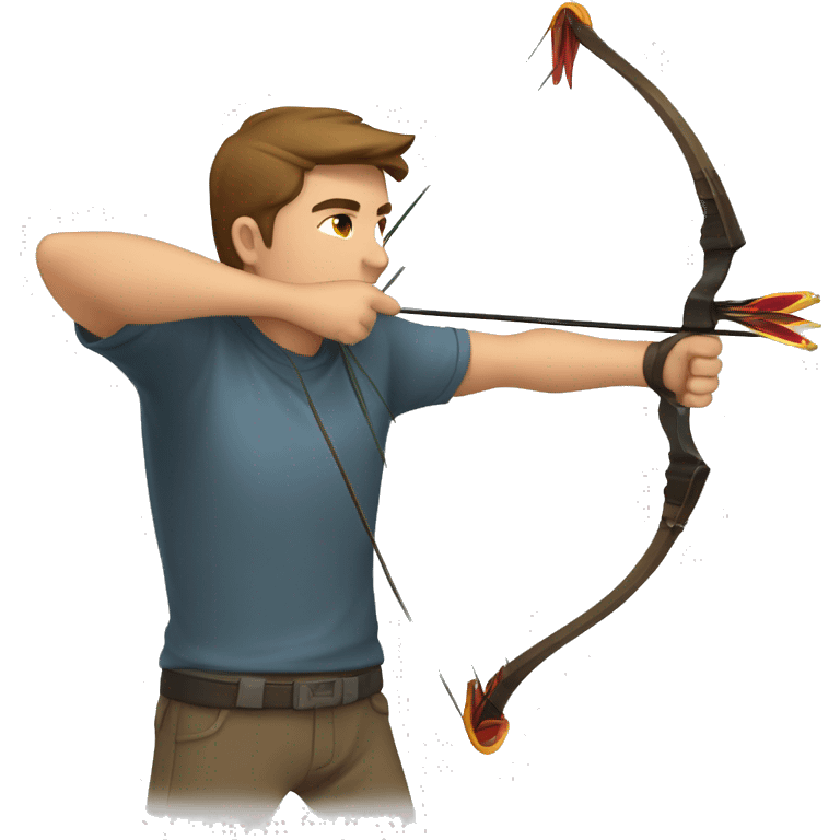 a male archer aiming with a bow looking at his target, wearing a tshirt, brown hair, bright skin, emoji