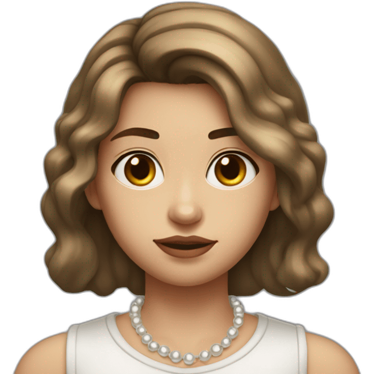 24 years old girl looking weary with white complexion and hair around armpit length with brown hair with silver and pearl chain necklace emoji