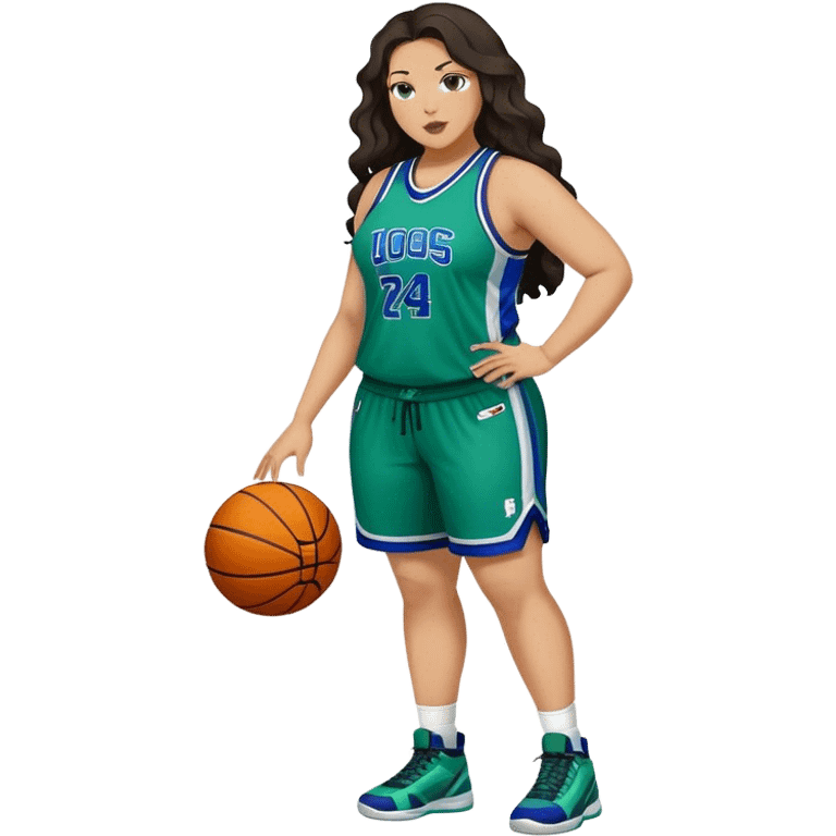 Full Body light skin Latino plus size full figured women basketball player with long wavy dark hair  wearing blue and green uniform emoji