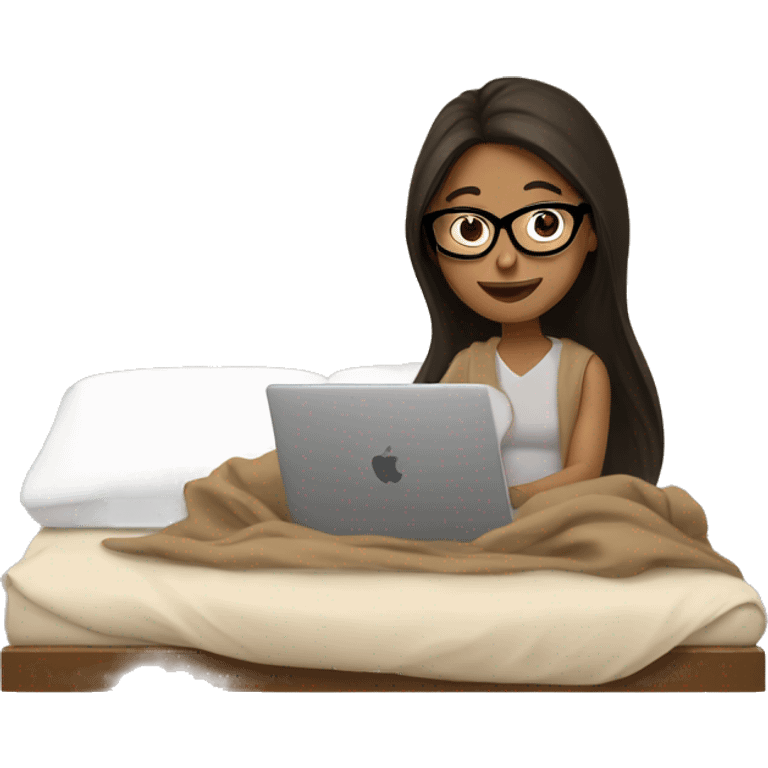 Brunette girl with black glasses working from her bed with her laptop covered in a light Brown blanket  emoji