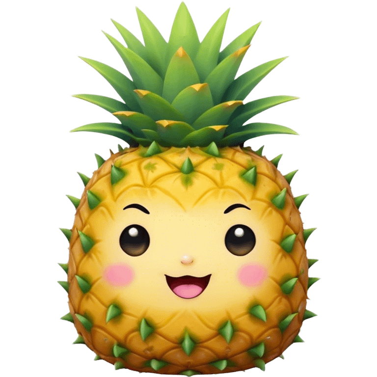 Cute Kawaii Pineapple, tiny and round, bright golden yellow with a spiky green top, chubby cheeks, playful winking expression, soft pastel textures, sweet and tropical vibes! emoji