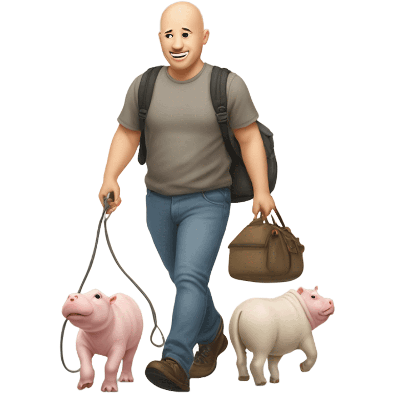 Bald man walking a bunch of Pygmy moo deng hippos by leash emoji