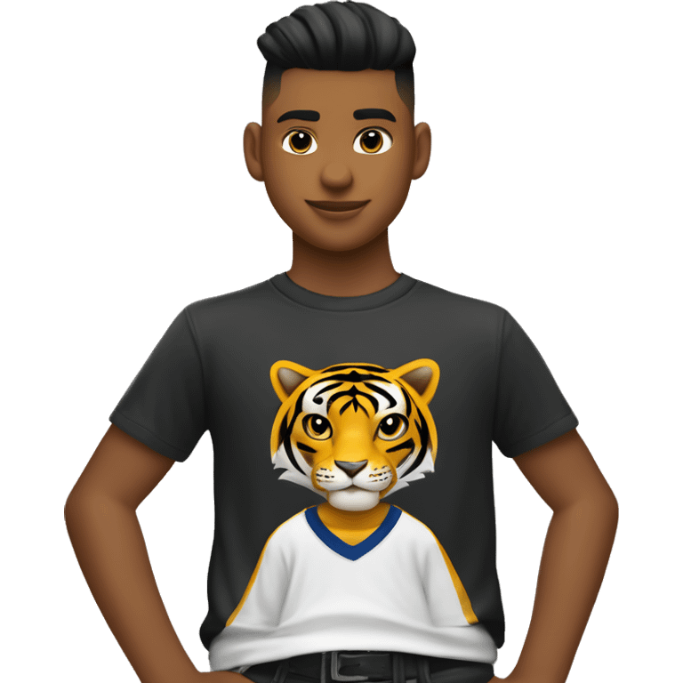 niño de 13 años con un mid taper fade cafe oscuro y la playera de los tigres emoji