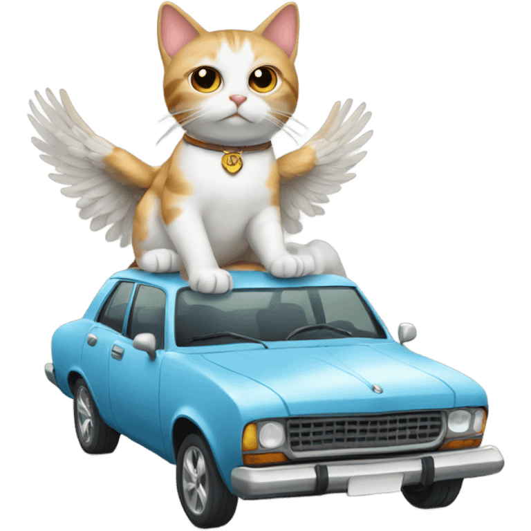 cat driving with bowl of wings on top of the car emoji