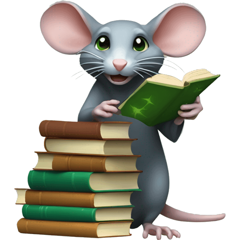 rat casting a spell: rat on a stack of books letting out a hand and casting a green hexagonical spell. emoji