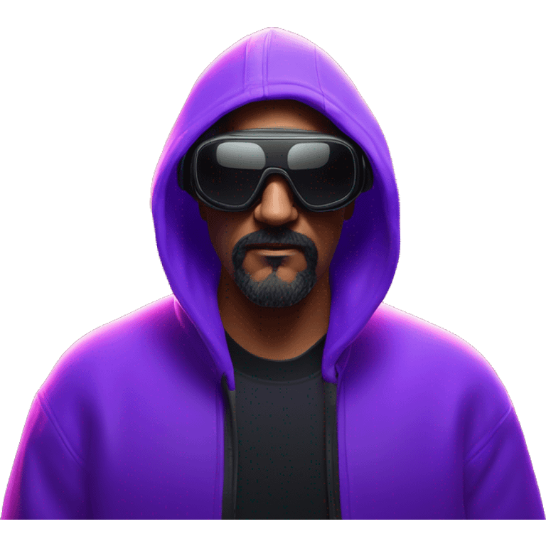 Big Lebowski wearing a black hoodie with "OMG" letters on it and VR headset oculus quest 2 in a cyberpunk VR environment with violet neon lighting. emoji