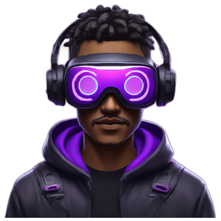 Cyberpunk style. Violet neon. Man with light skin in the black hoody with violet OMG VR logo on it wearing vr headset oculus quest 2 emoji