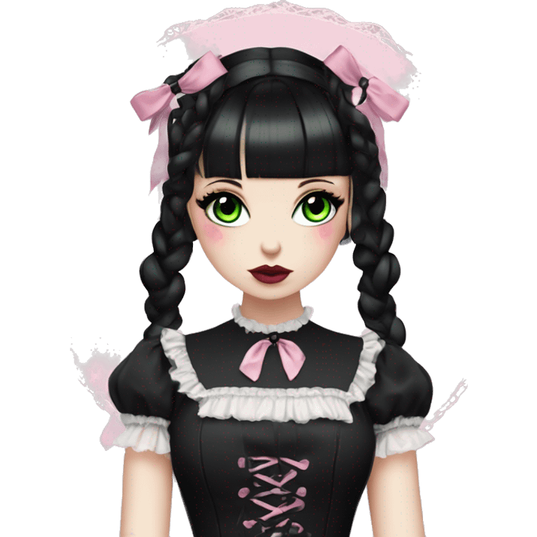 pale woman with black hair, pink lips and eyeshadow, long eyelashes, green eyes, black Lolita dress with laces and ribbons, gothic Lolita doll look emoji