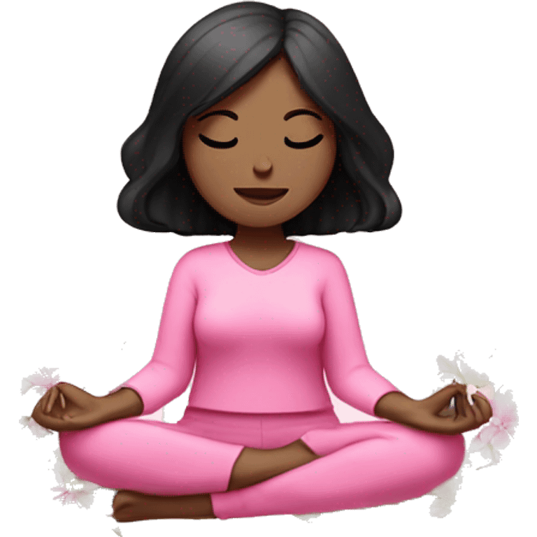 White girl, black hair meditating with flowers wearing pink  emoji