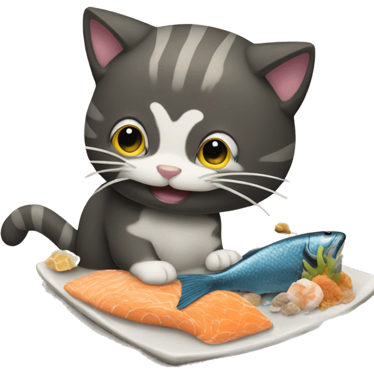 Cat eating fish on a beach near a wave  emoji