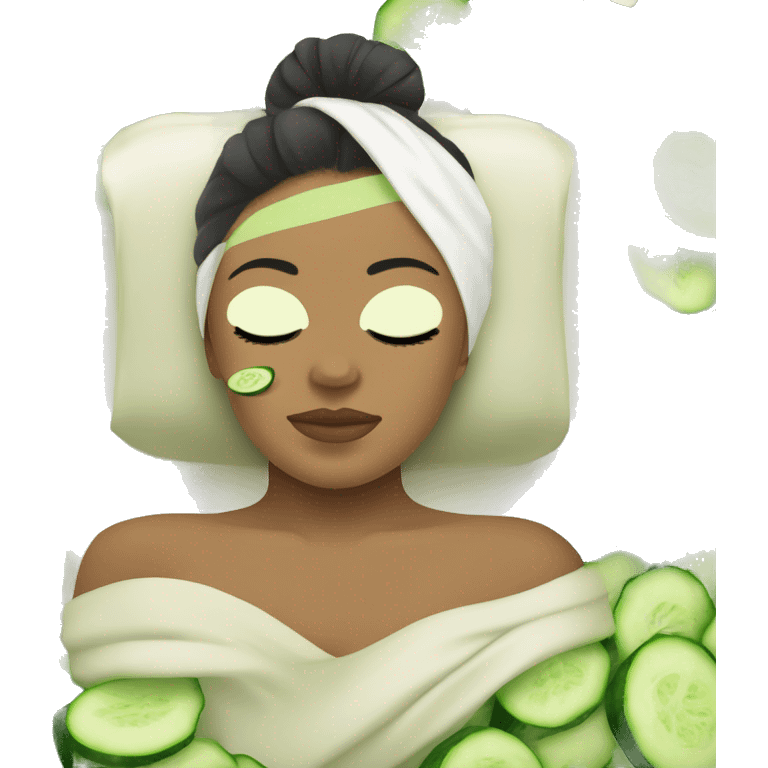 A girl’s face with a green relaxing spa mask on, her eyes closed, with a peaceful and serene expression. Her hair is tied back with a towel wrap, and there are small details of cucumber slices placed over her eyes. emoji