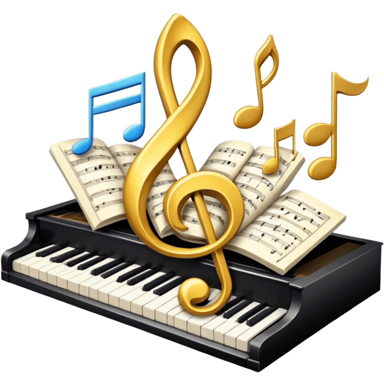 Create a bright and artistic emoji that represents music composition. The design should feature musical notes, a pencil or quill, and a sheet of music, symbolizing the creative process of composing a song. Add a touch of elegance with flowing lines to represent melody and rhythm. Incorporate piano keys arranged like a ribbon or flowing tape, symbolizing the piano's role in composition. Use gold or silver tones for sophistication, and incorporate vibrant colors to convey creativity. The background should be transparent. emoji