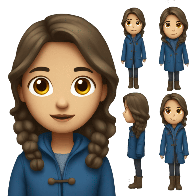 winter, christmas, hispanic, long brown hair, girl, brown eyes, child, full body, blue coat emoji