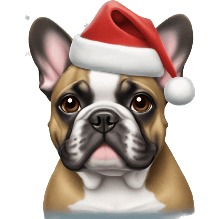 Brindle french bulldog wearing a Christmas hat emoji