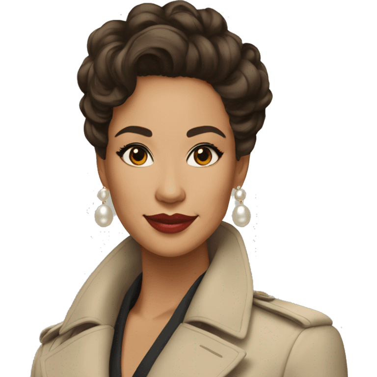 26	Mixed race	Regal features, warm brown eyes, enigmatic smile	Elegant updo, pearl earrings, classic trench coat emoji