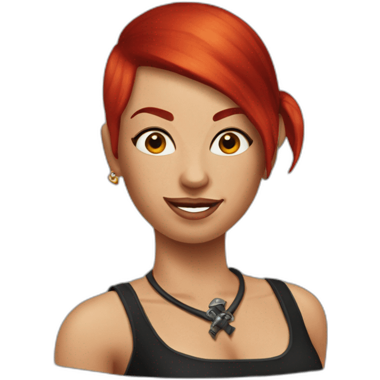 Woman red hair with one side of head shaved and a tattoo on the shaved head with a pirate hat emoji