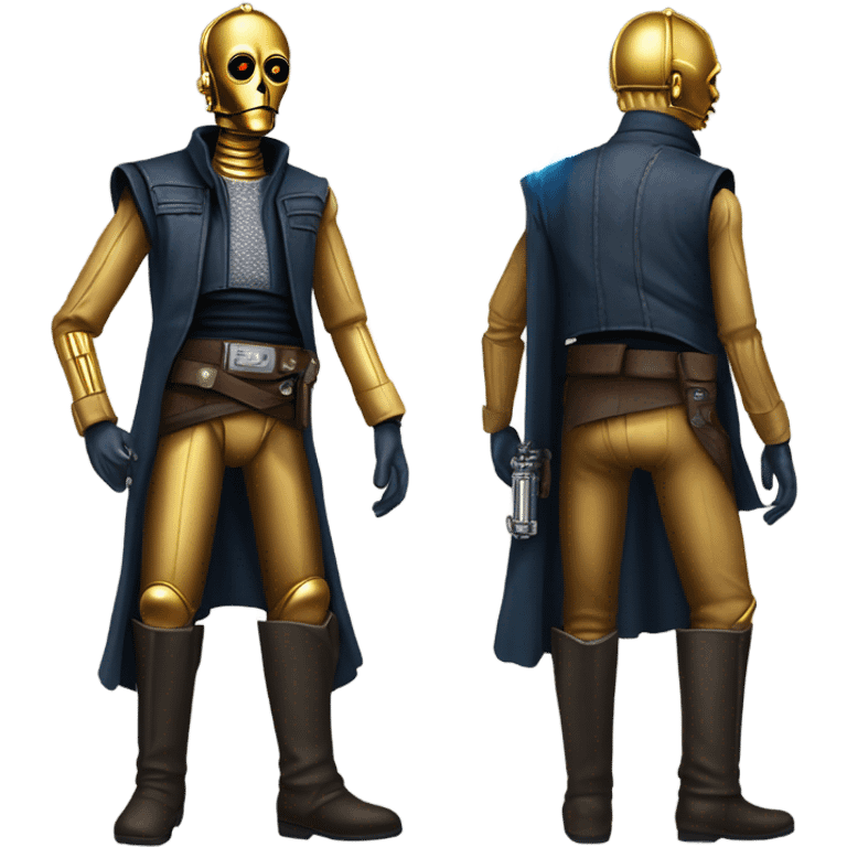 bounty hunter tarnished undercover tough well-equipped Jedi  life-sized darkblue-pearl C3po leather vest clothing pants and vest old west duster coat holding light saber sheriff emoji