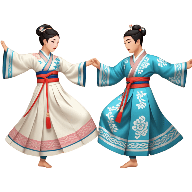 Cinematic Realistic scene of two performers engaging in Ganggangsullae, dressed in traditional Korean costumes with intricate patterns and graceful movements, illuminated by soft, festive lighting that accentuates the cultural ambiance emoji