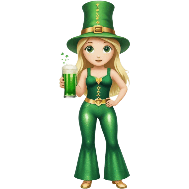 Blonde haired girl in glittery green bell bottoms and tall leprechaun hat holding a green beer emoji