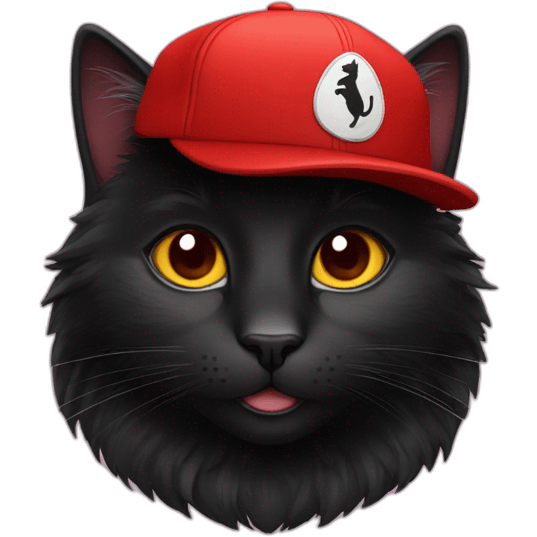 Fluffy black cat with red Ferrari cap emoji