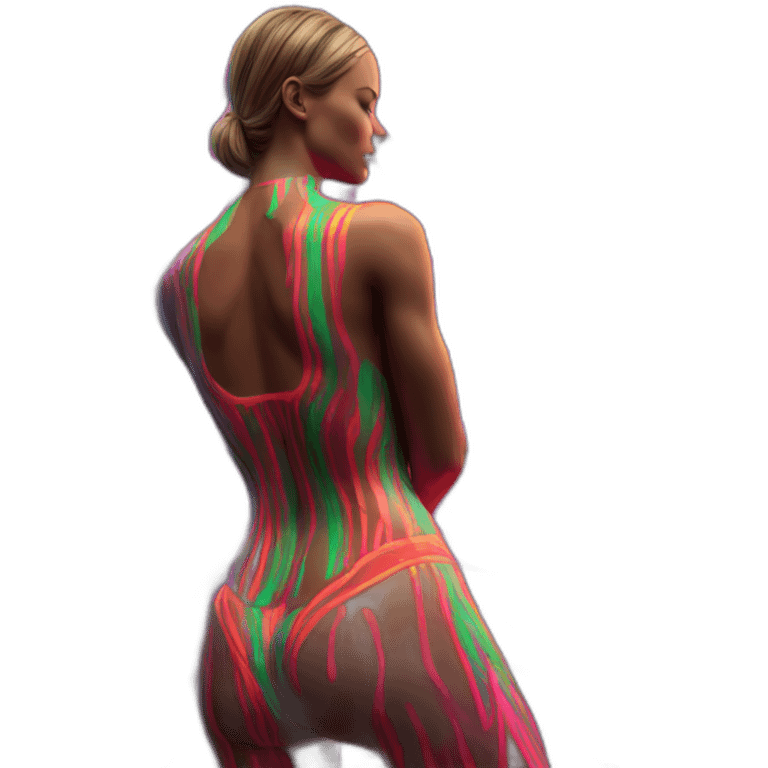 Hyper-realistic neon figurine showing tall sultry fitness model in striped body paint from behind emoji