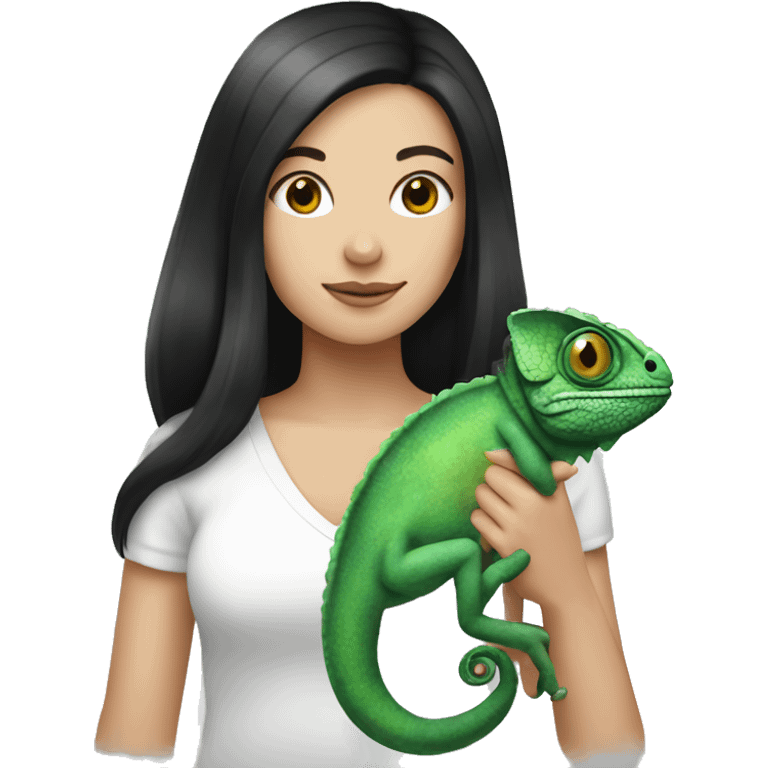 White girl long black hair holding chameleon emoji