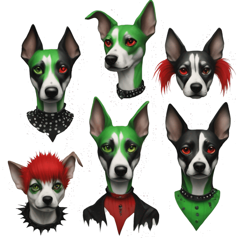 Edgy Punk dog spiked collar tattoos Green gray black red punk dog Harley Quinn as a dog mime clown harlequin facepaint tattoos punk lurcher surrealism  emoji