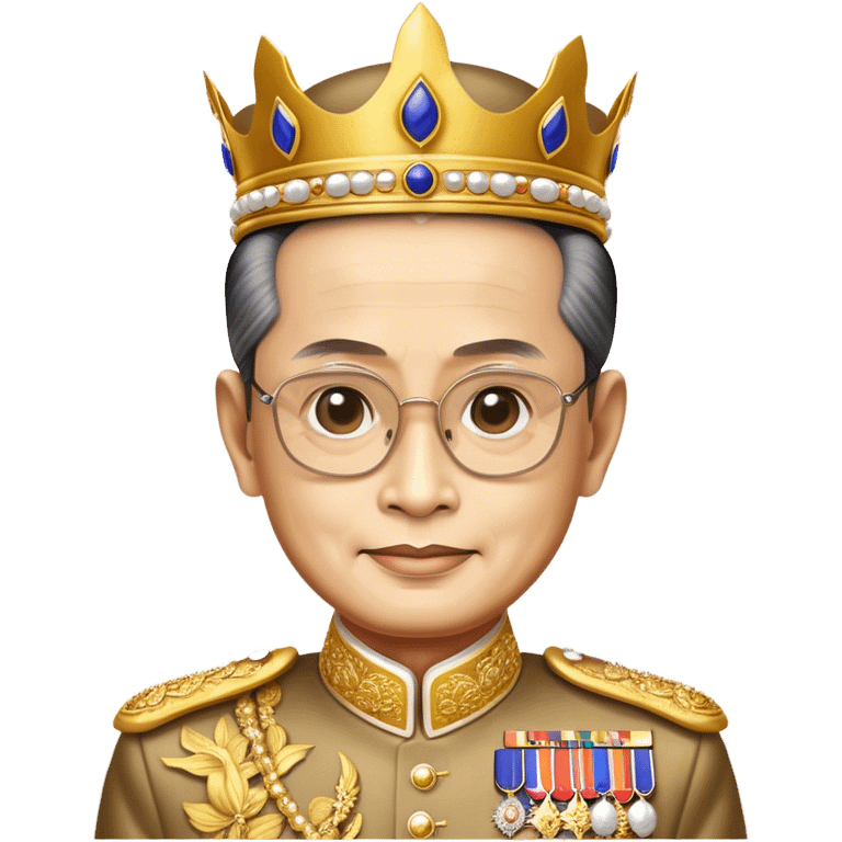 Cinematic Realistic King Bhumibol Adulyadej Portrait Emoji, depicted as a revered Thai monarch with a dignified expression and traditional royal attire, rendered with lifelike textures and soft regal lighting that captures his lasting legacy. emoji