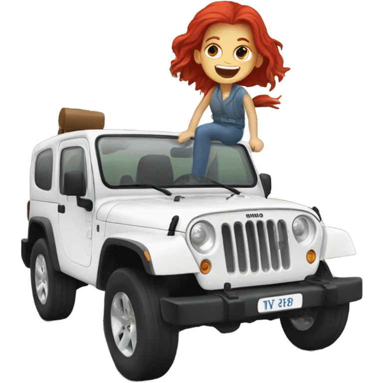 White Jeep with a red headed girl driving emoji