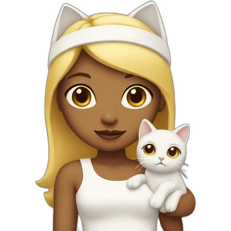 A yellow Girl, wearing a white dress and a white headband, holding a cat emoji