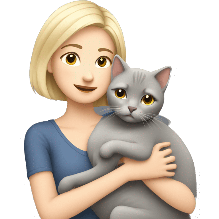 Blonde girl short hair hugging her grey British cat emoji