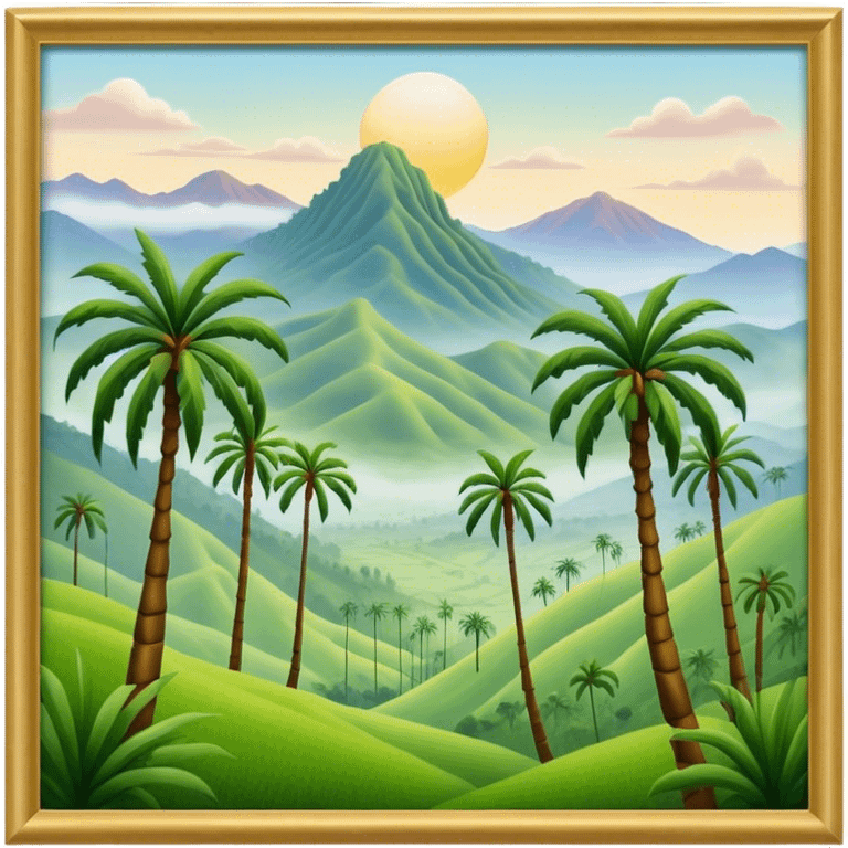 Cinematic Realistic Cocora Valley Landmark Emoji, featuring towering wax palm trees swaying in the misty green valley, with rolling hills and distant mountain peaks bathed in warm morning light. emoji