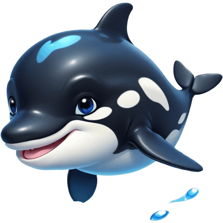 Cinematic Cute orca Portrait Emoji, Head tilted playfully and inquisitively, featuring a smoothly rounded body with bright, sparkling eyes and an adorable, friendly smile, Simplified yet irresistibly adorable features, highly detailed, glowing with a warm, ocean-blue glow, high shine, affectionate and lively, stylized with a touch of whimsical aquatic charm, soft glowing outline, capturing the essence of a mischievous yet endearing orca that seems as if it could leap right into your heart! emoji