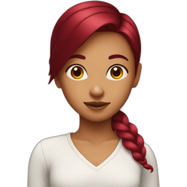 A girl with burgundy hair makes a heart emoji