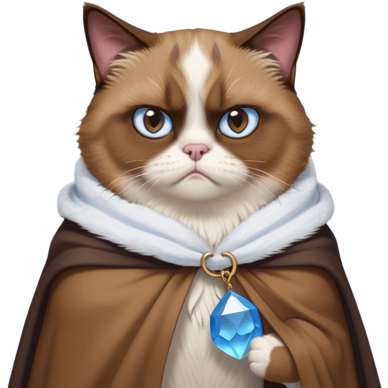 Cinematic Meme-Worthy Grumpy Brown Mantle Snowshoe Cat Portrait Emoji, Head held high but eyes filled with dramatic disappointment, soft brown fur draped like a cape, white paws planted firmly in defiance, signature grumpy cat frown perfectly etched on its face, icy-blue eyes radiating pure disapproval, Simplified yet hilariously over-exaggerated features, highly detailed, glowing with an aura of supreme annoyance, high shine, exhausted yet judgmental, stylized with an almost regal pettiness, bright but brooding, soft glowing outline, capturing the essence of a feline that has seen it all and is thoroughly unimpressed, so meme-worthy it feels like it could instantly become the next viral sensation of grumpiness! emoji