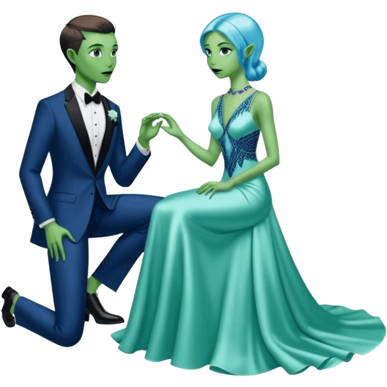 alien reptilian green skin woman, in long slim pastel blue formal party satin dress with gradient shiny sparkling navy blue diamonds embroidered , and caucasian man in black dres on his knees asks her to marry her emoji