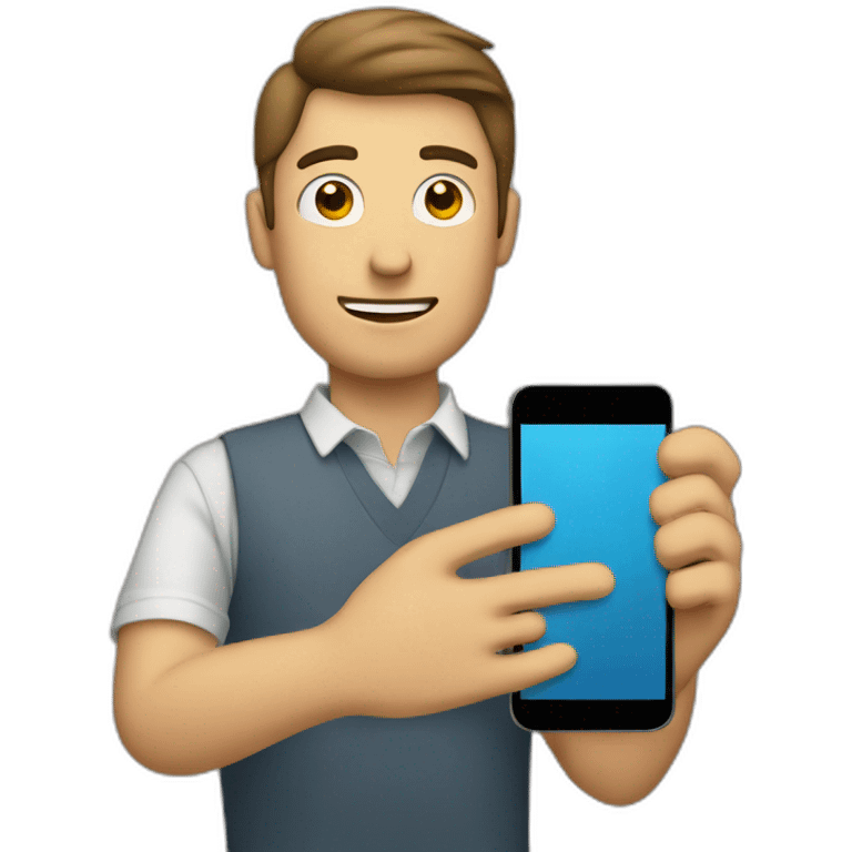 A man holding up a mobile phone and talking emoji