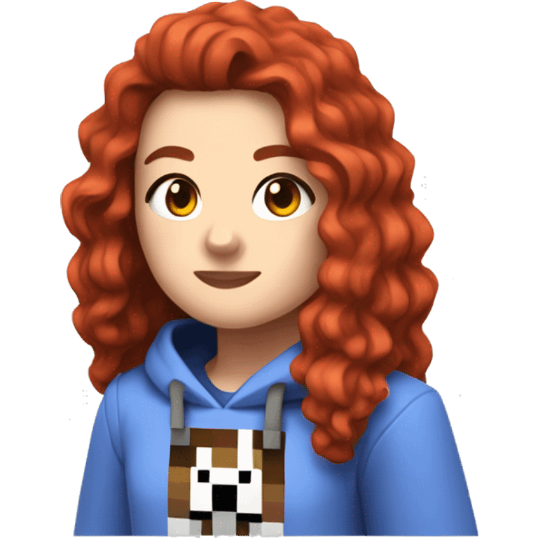 a white girl with long red curly hair, wearing periwinkle Minecraft hoodie playing a videogame emoji