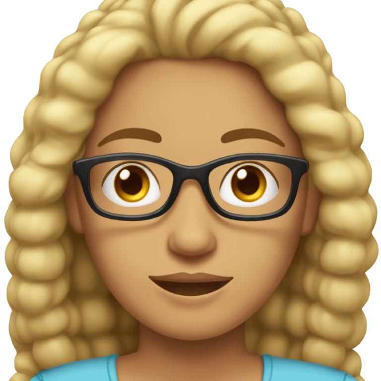 Mujer blanca con pelo ondeado y largo, lentes, cabello recogido y ojos celestes emoji