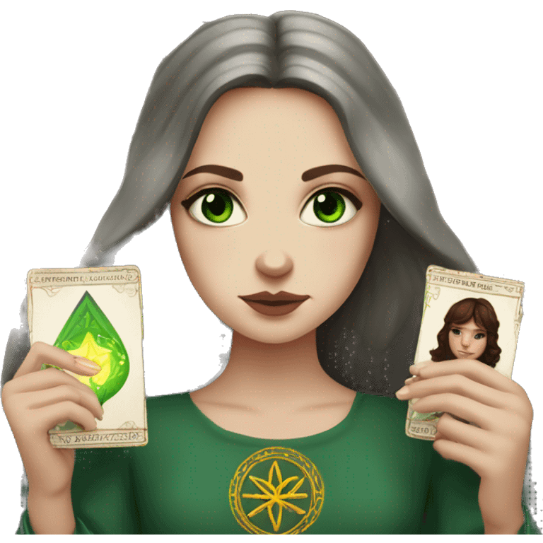 Slavic white girl with dark burgundy medium hair and green eyes  with tarot in her hands emoji