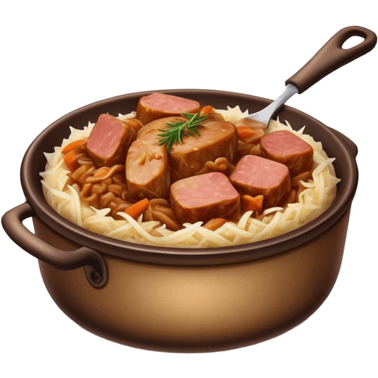 Cinematic Realistic Bigos Dish Emoji, showcasing a hearty stew of sauerkraut and meats rendered with rich textures and dynamic, rustic lighting. emoji