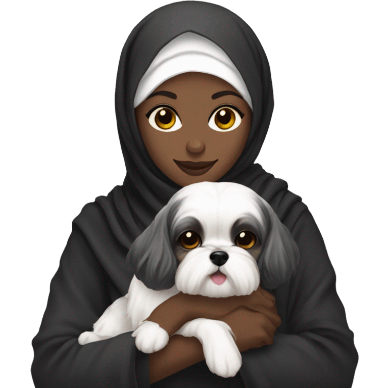 Black hijabi holding shih tzu Maltese emoji