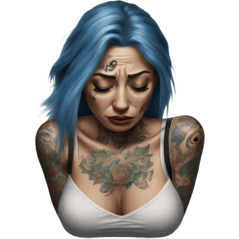 Hyper Realistic Beautiful tattooed woman crying sadly on the floor  emoji