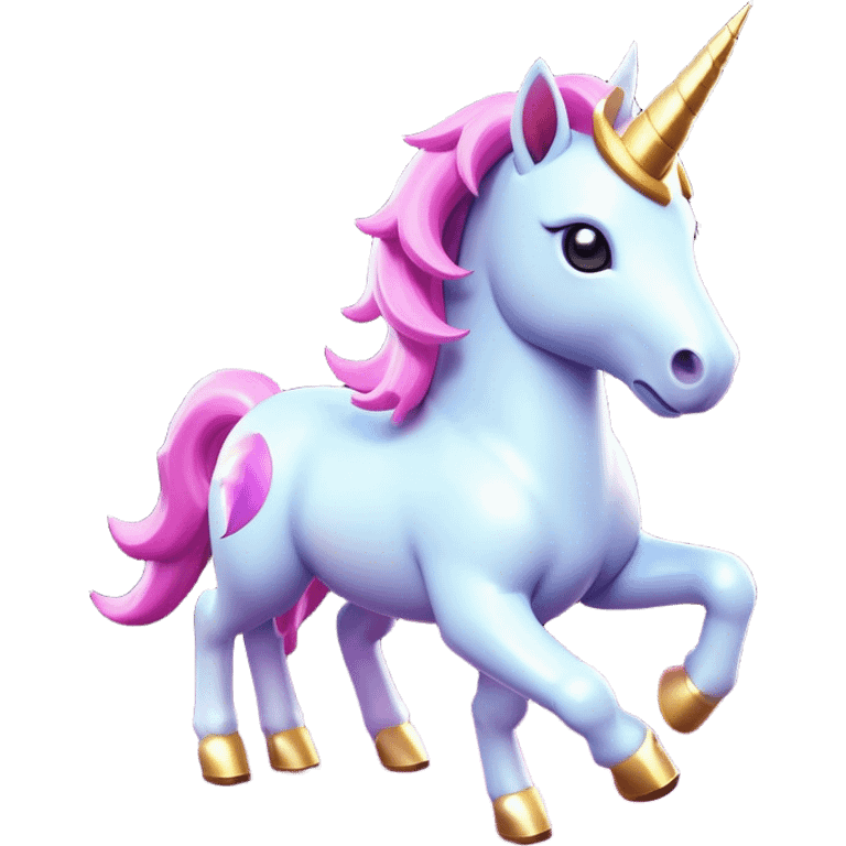 Clash of Clans aesthetic: Cinematic Playful Unicorn Mount Emoji, rendered in a 3D vector-style similar to standard emojis with minimal shading and bold, simplified shapes. A compact, isometric majestic unicorn with a spiraled horn and flowing mane, softly glowing with a magical celestial charm. Simplified yet unmistakably iconic, highly detailed and consistent, glowing with a soft radiant brilliance and high shine. Stylized with a touch of enchanted fantasy and a soft glowing outline, capturing the essence of a mythical mount with a friendly, playful elegance! emoji