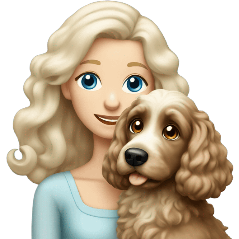 blue eyed very old long haired blonde lady with dark brown Cockapoo puppy dog emoji