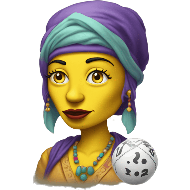 YELLOW COLORED SKIN female fortune teller in simpsons style front view holding a ball face must b toony and cartoonish  emoji