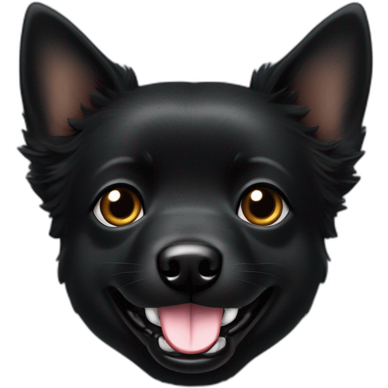 Black schipperke head with only black hair, mid length hair with tongue stuck out and dark brown eyes emoji