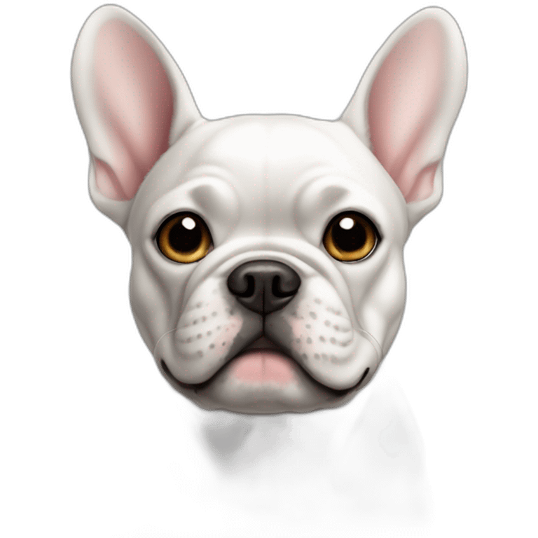 The dog is a French bulldog, white in color, with large ears, a black, small spot above the right eyebrow emoji