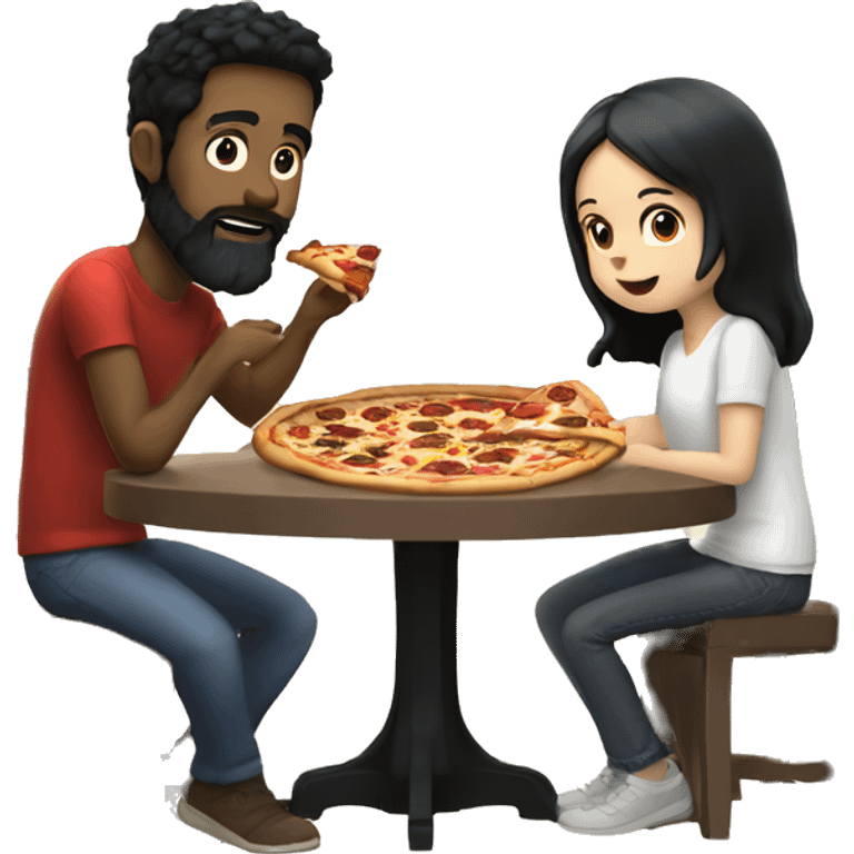 white man with black hair and beard sitting at a table eating pizza with small white girl with black hair emoji